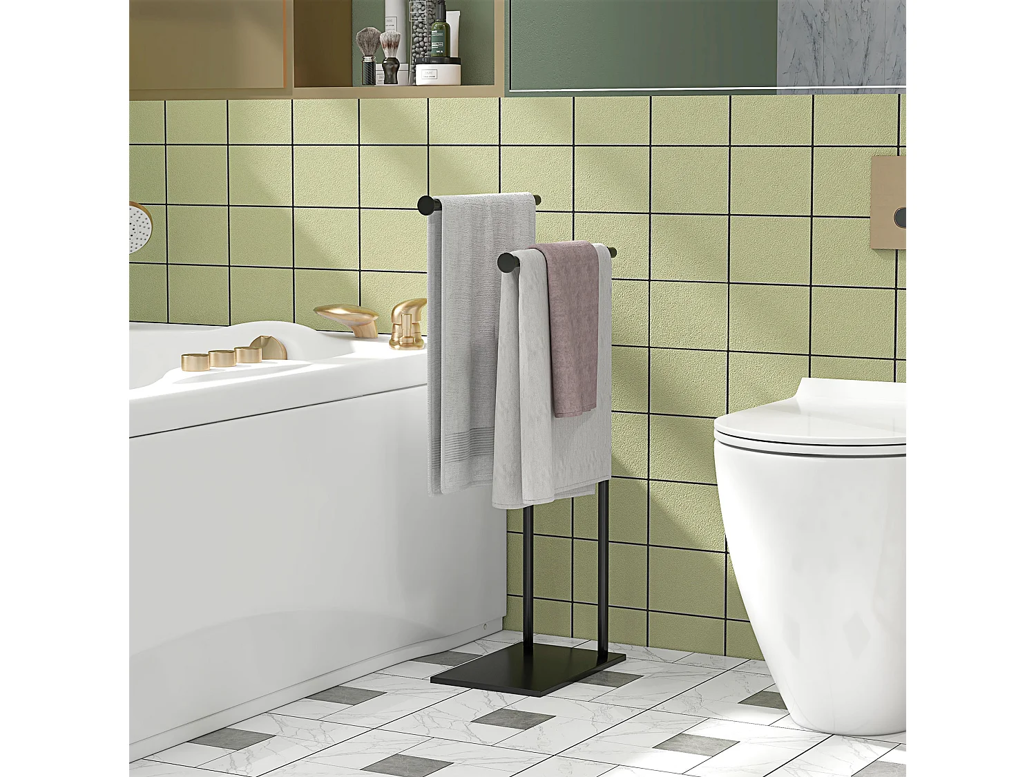 Porte-serviettes sur pied 2 niveaux dim. 35,5L x 20l x 78H cm métal noir