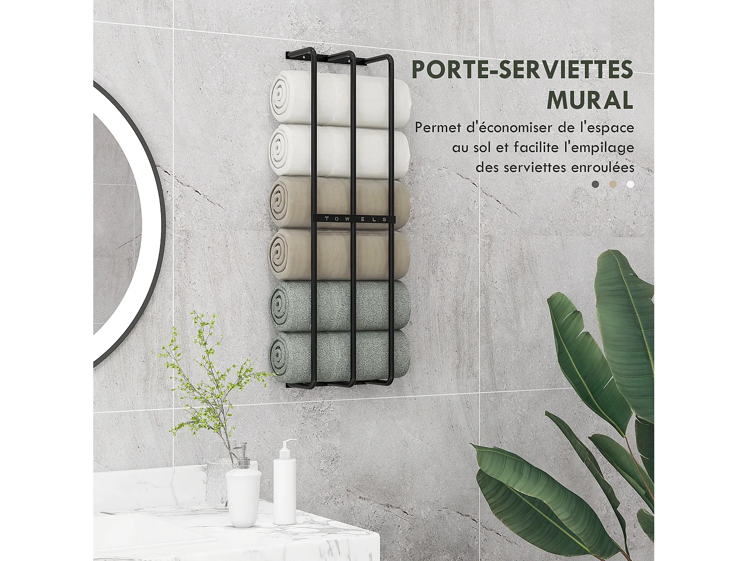 Porte-serviettes mural 3 barres - 6 serviettes max. - dim. 21L x 12l x 74H cm - métal noir
