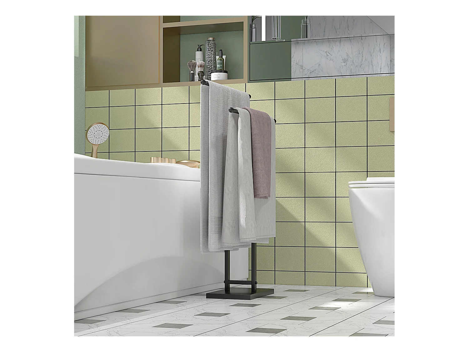 Porte-serviettes sur pied 2 niveaux dim. 50L x 18l x 85H cm métal noir