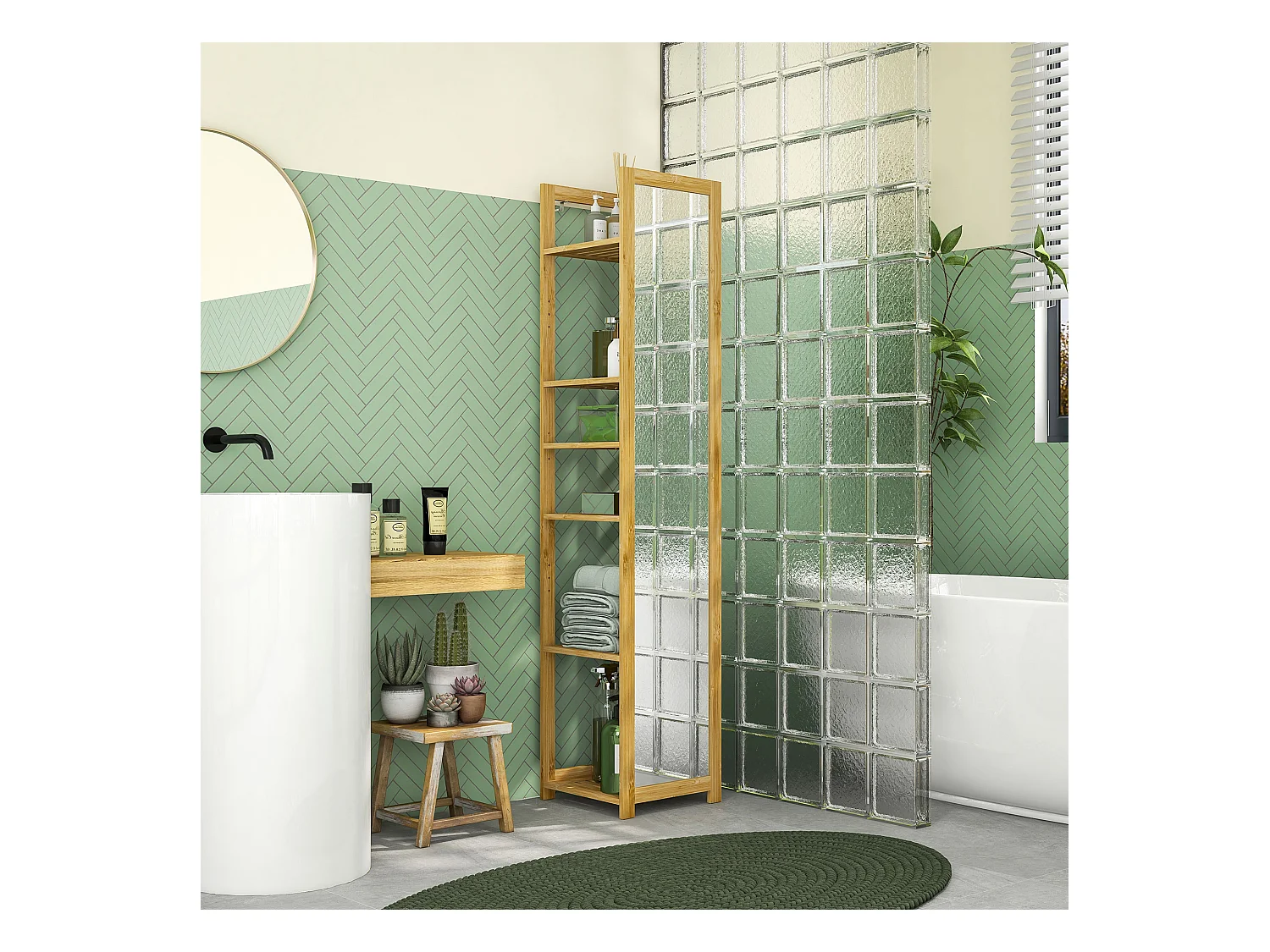 Étagère de salle de bain grand miroir 2 en 1 - 6 étagères - dim. 35L x 35l x 168H cm - bambou