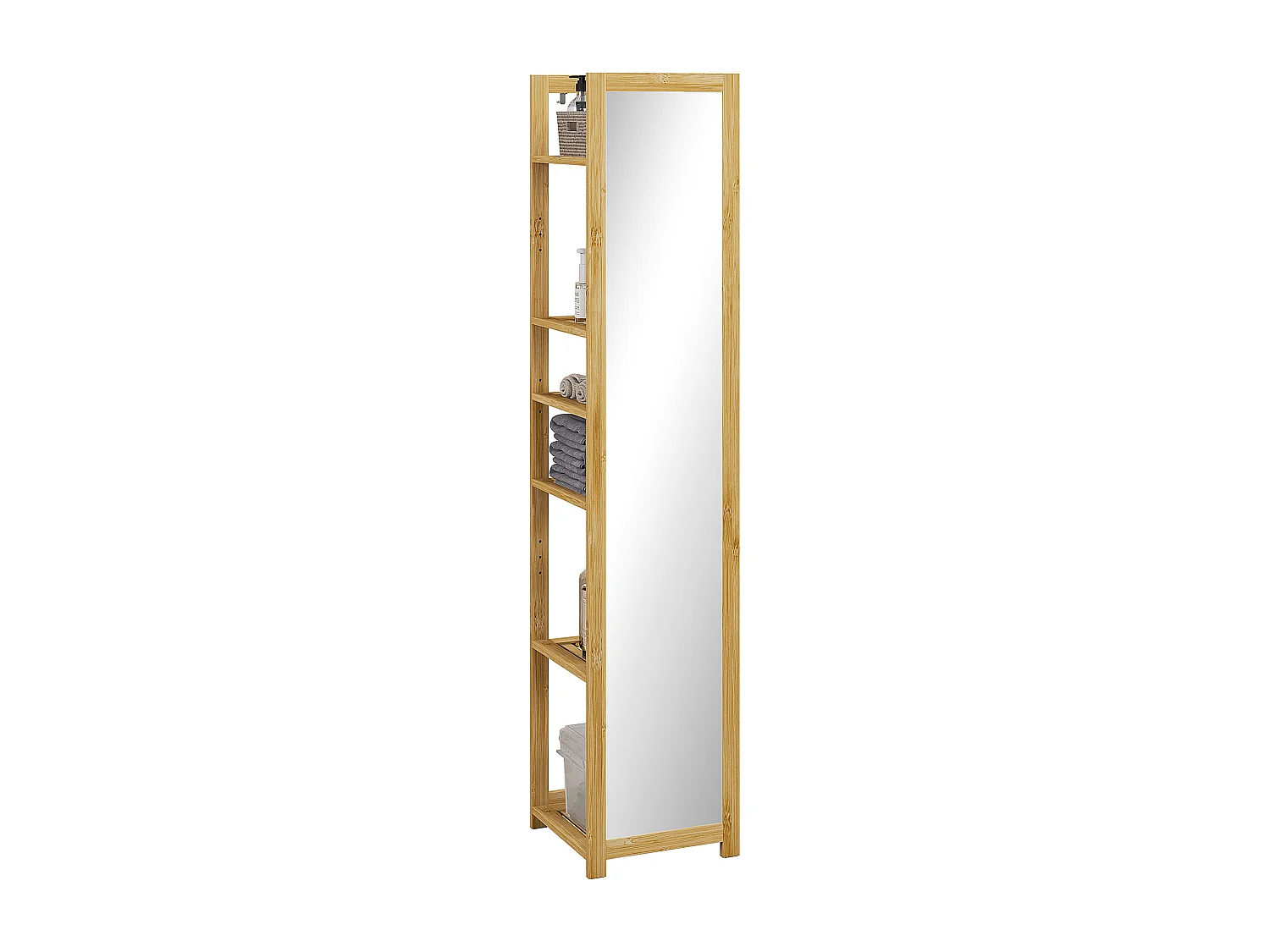 Étagère de salle de bain grand miroir 2 en 1 - 6 étagères - dim. 35L x 35l x 168H cm - bambou