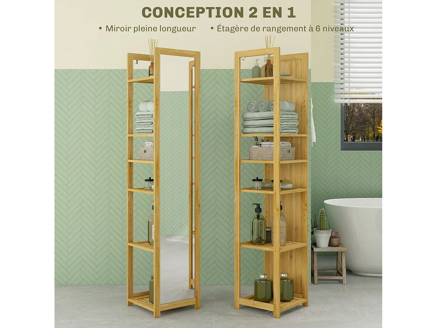 Étagère de salle de bain grand miroir 2 en 1 - 6 étagères - dim. 35L x 35l x 168H cm - bambou