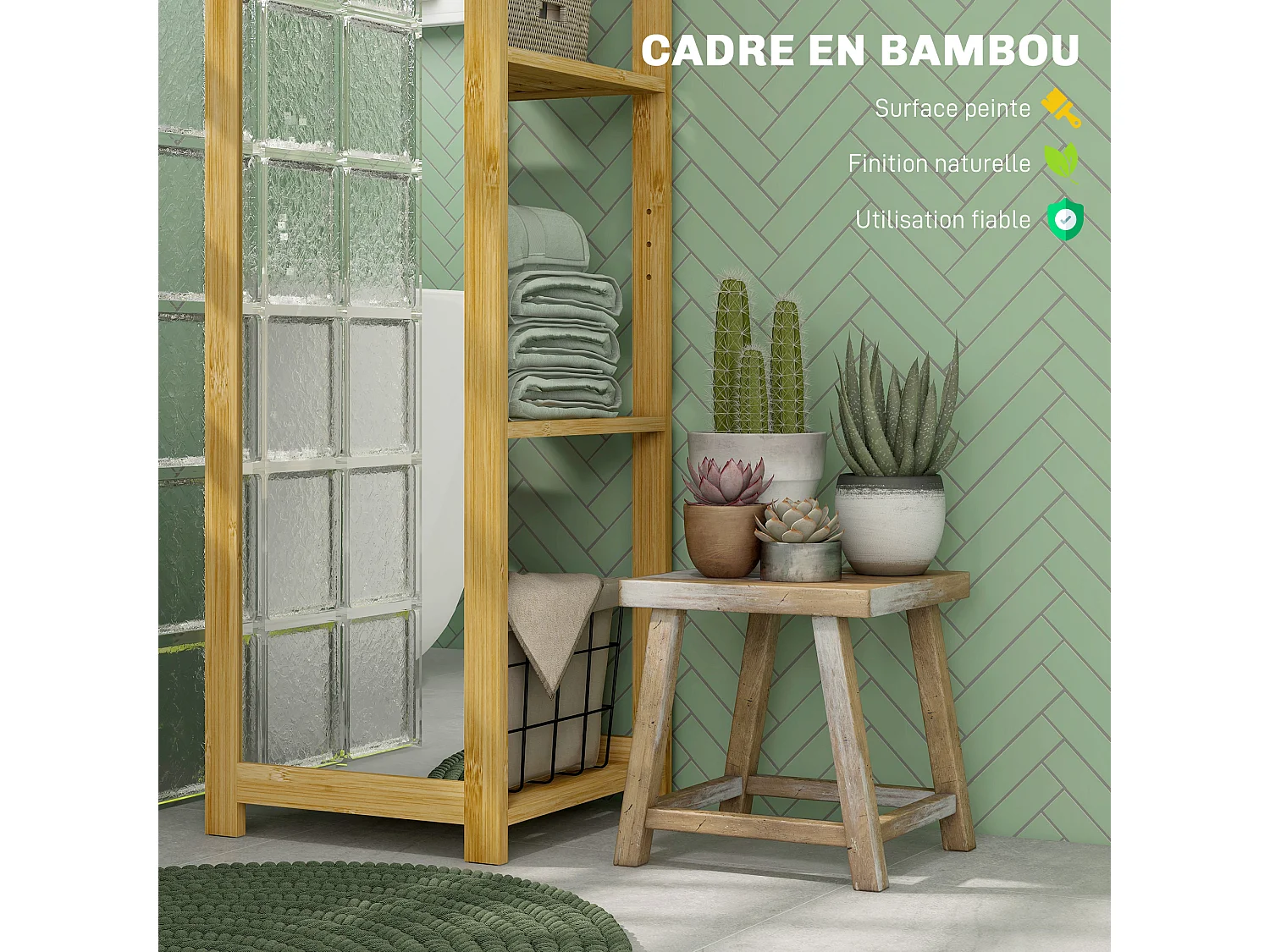 Étagère de salle de bain grand miroir 2 en 1 - 6 étagères - dim. 35L x 35l x 168H cm - bambou