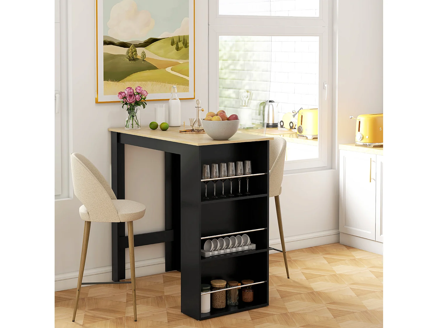 Table de bar table haute de cuisine mange-debout comptoir - 3 étagères - aspect bois clair noir