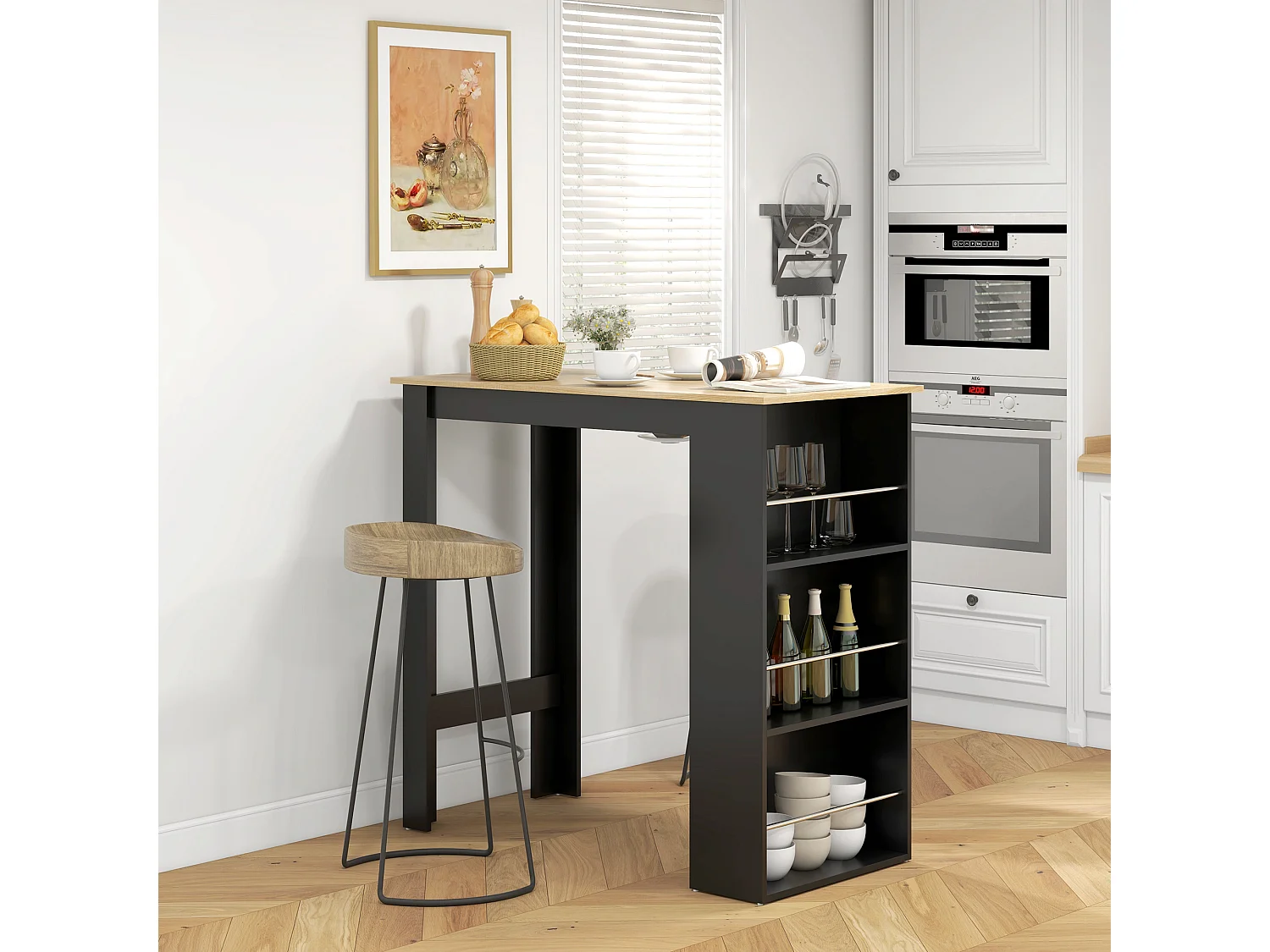 Table de bar table haute de cuisine mange-debout comptoir - 3 étagères - aspect bois clair noir