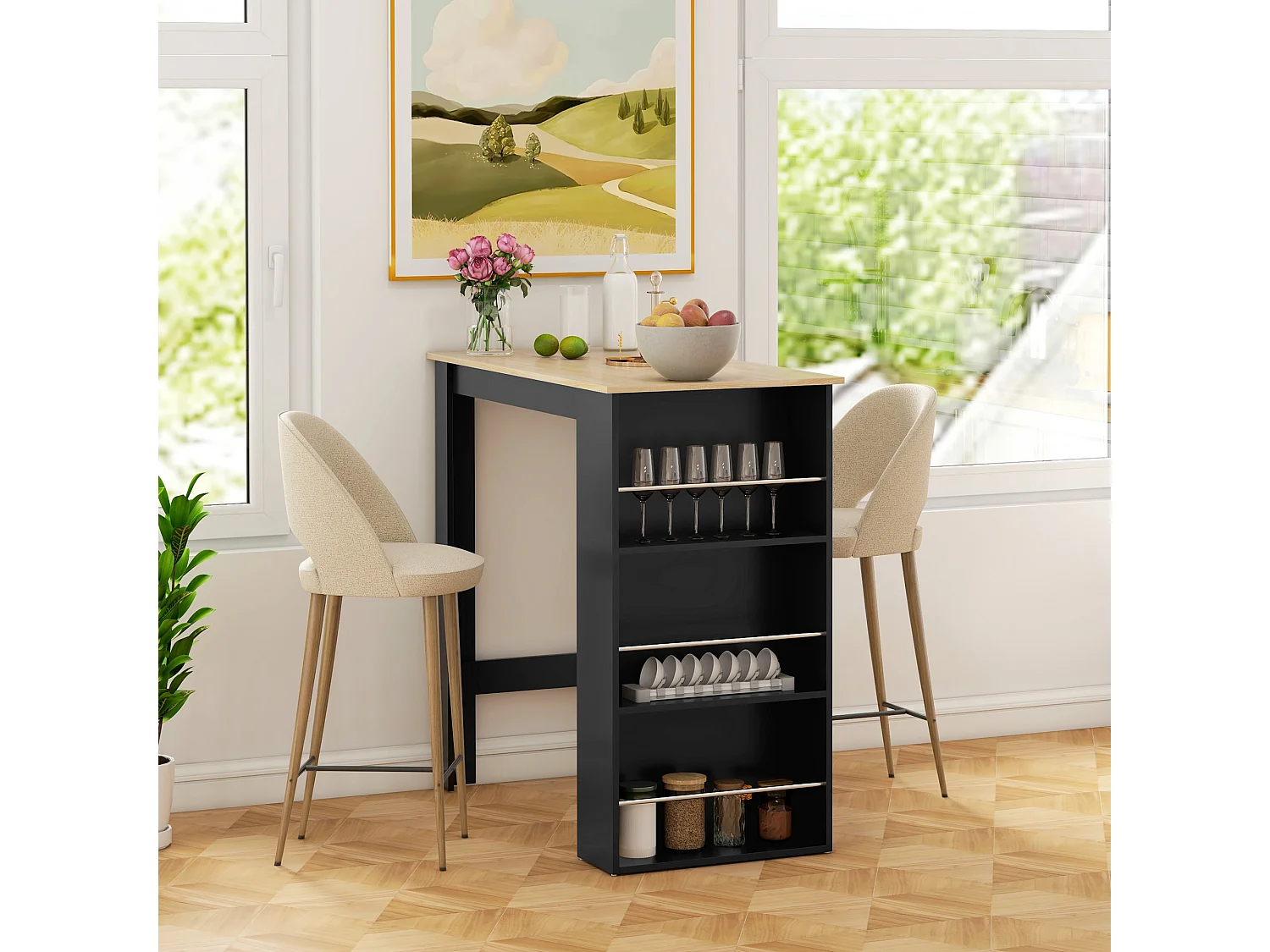 Table de bar table haute de cuisine mange-debout comptoir - 3 étagères - aspect bois clair noir