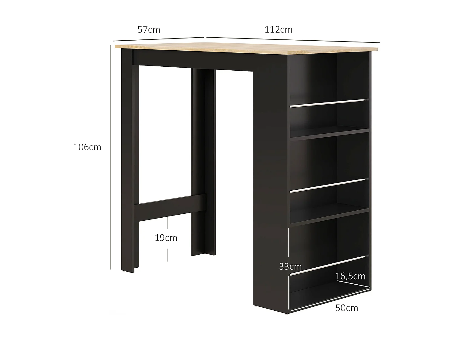 Table de bar table haute de cuisine mange-debout comptoir - 3 étagères - aspect bois clair noir