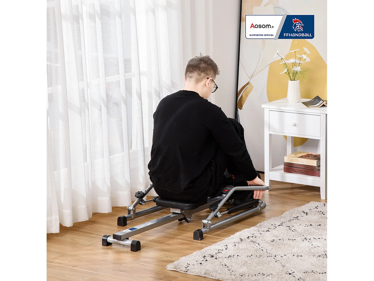 Rameur d'appartement pliable - collaboration Aosom.fr x FFHandball - résistance 3 niv. écran LCD multifonction - acier ABS noir gris