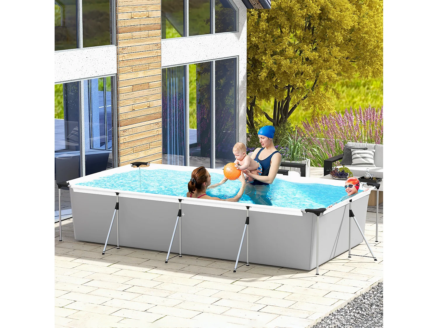 Piscine hors sol rectangulaire 5 pers. dim. 472L x 282l x 80H cm avec accessoires blanc gris