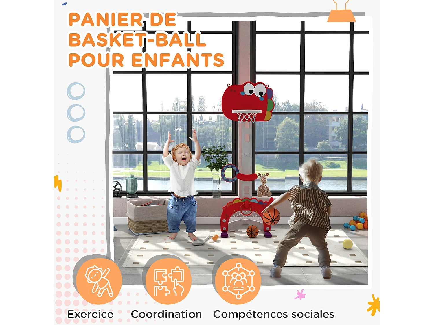 Panier de basket enfant multifonction design dino 3-6 ans - but, golf, 2 jeux de lancer - hauteur réglable - HDPE gris rouge