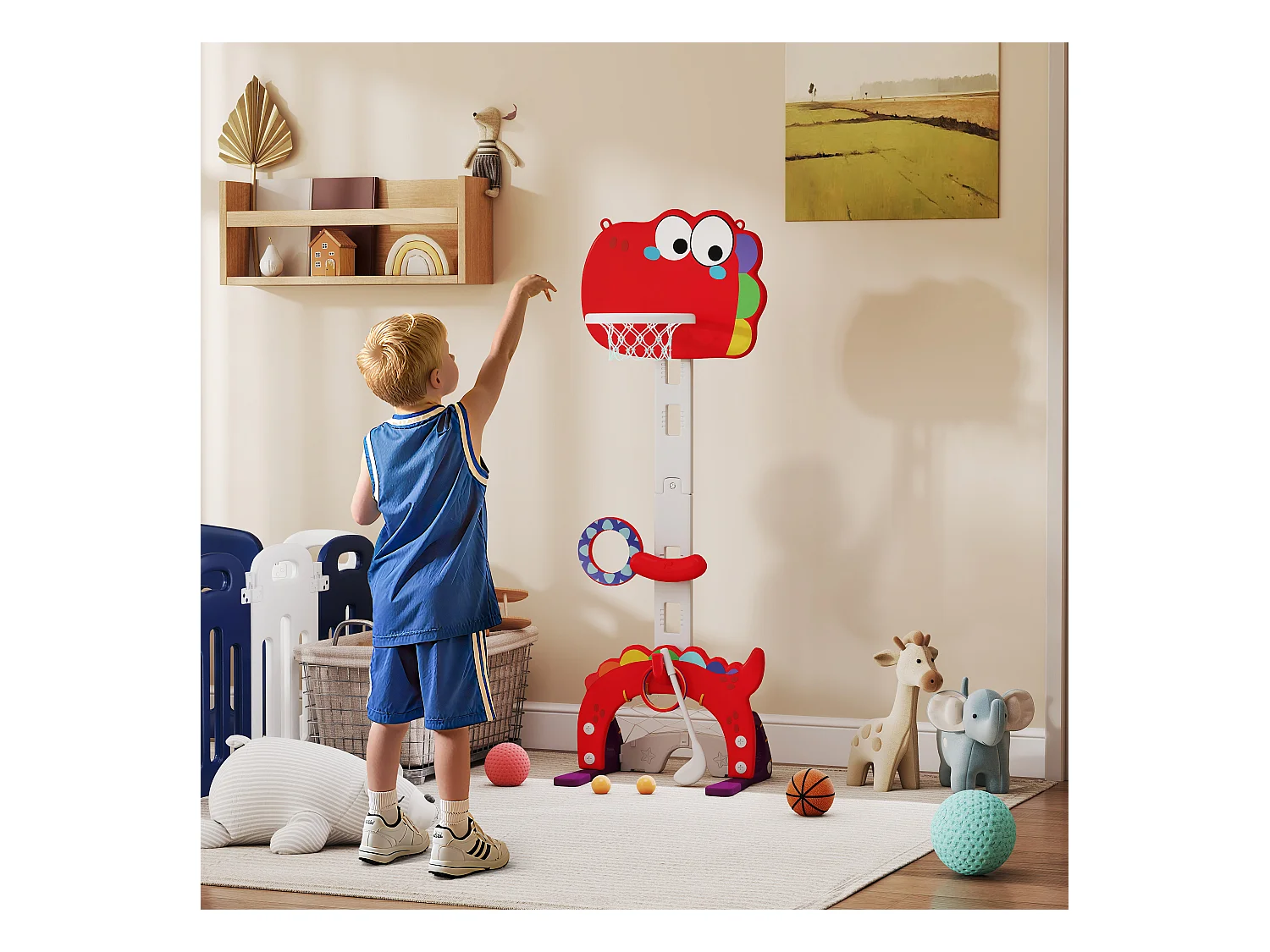 Panier de basket enfant multifonction design dino 3-6 ans - but, golf, 2 jeux de lancer - hauteur réglable - HDPE gris rouge