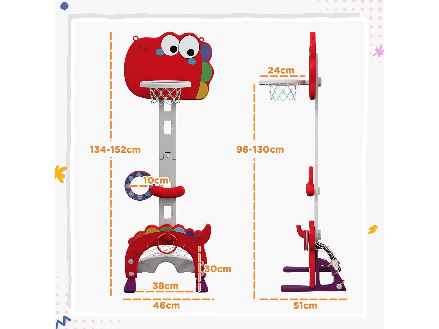 Panier de basket enfant multifonction design dino 3-6 ans - but, golf, 2 jeux de lancer - hauteur réglable - HDPE gris rouge