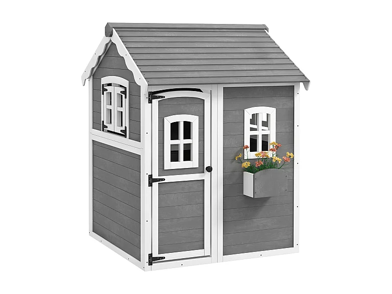 Cabane enfant de jardin - porte, fenêtres, jardinière, plancher - bois gris blanc