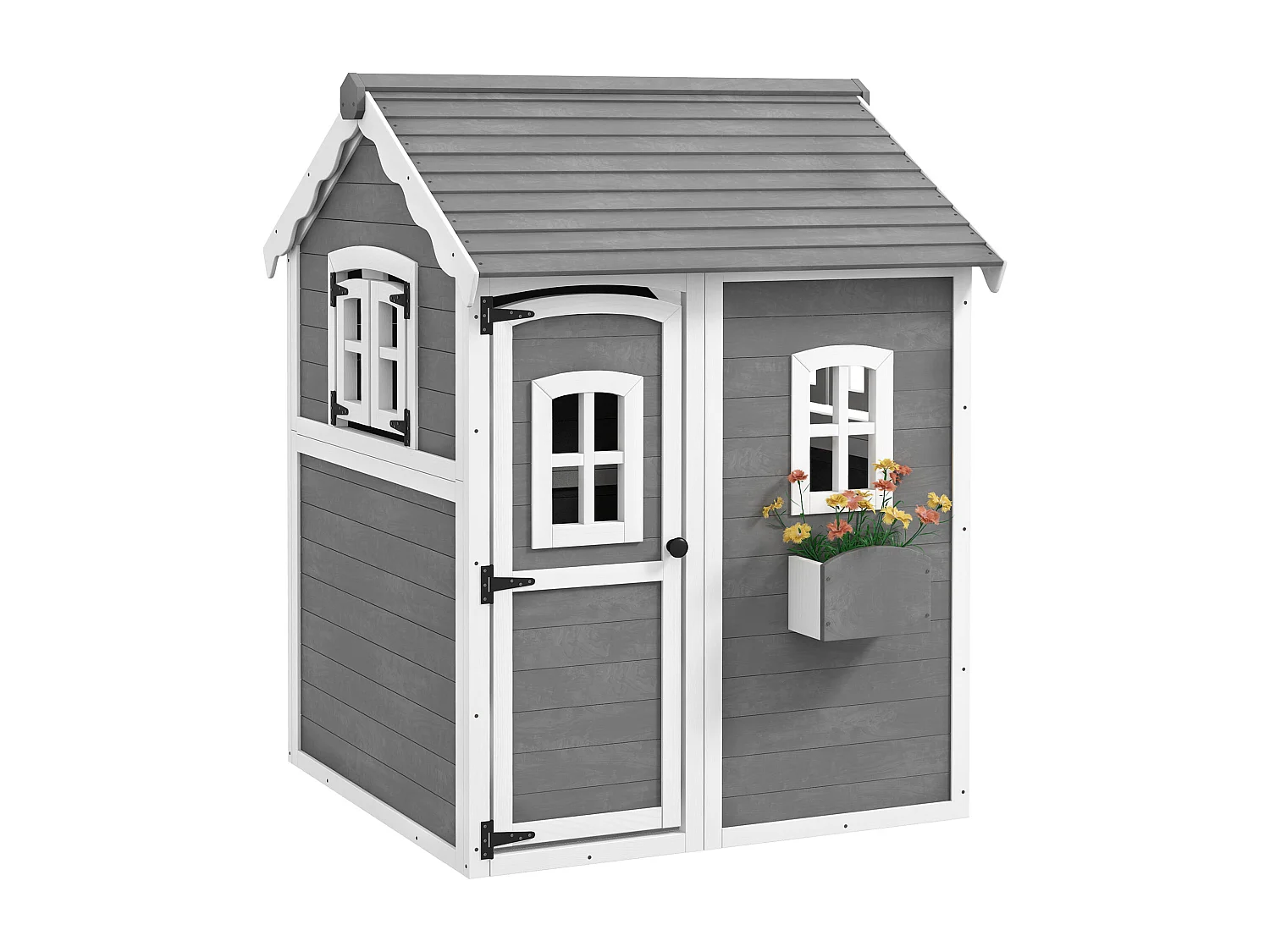 Cabane enfant de jardin - porte, fenêtres, jardinière, plancher - bois gris blanc