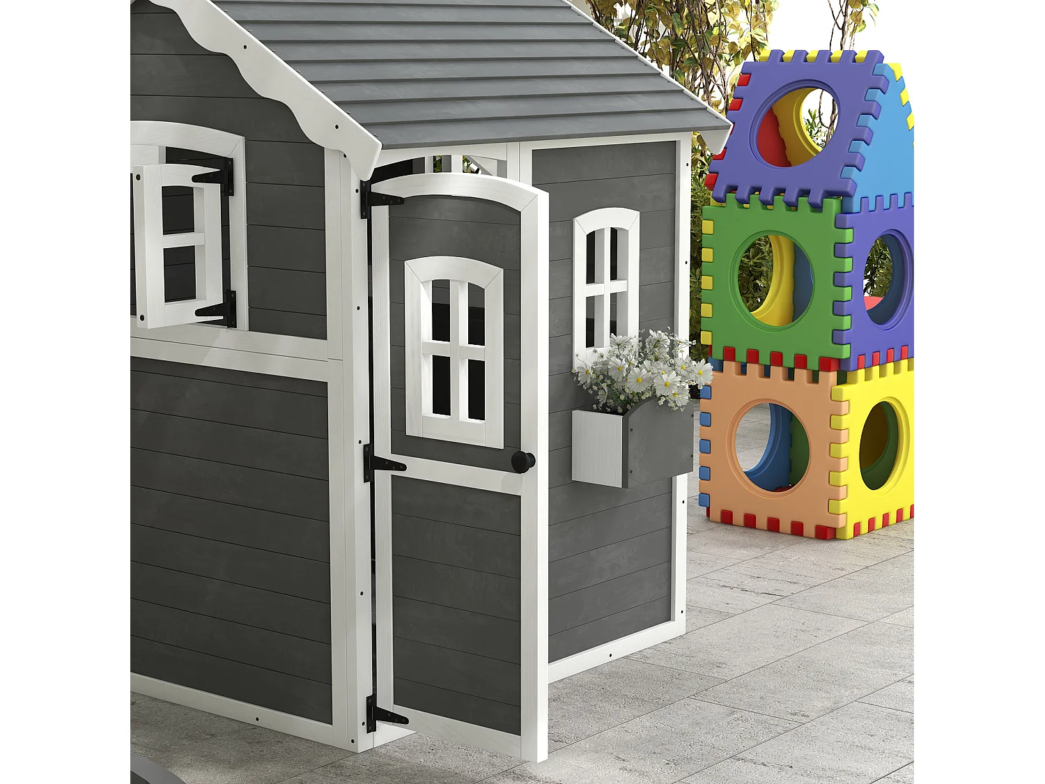 Cabane enfant de jardin - porte, fenêtres, jardinière, plancher - bois gris blanc