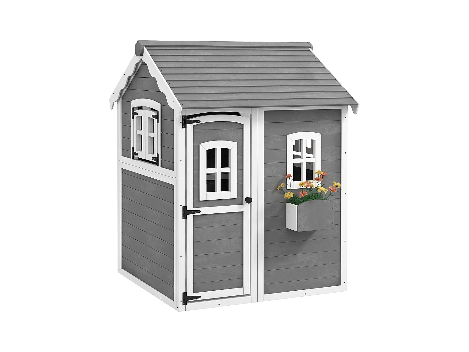 Cabane enfant de jardin - porte, fenêtres, jardinière, plancher - bois gris blanc