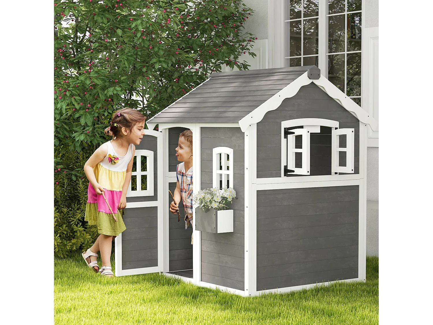Cabane enfant de jardin - porte, fenêtres, jardinière, plancher - bois gris blanc