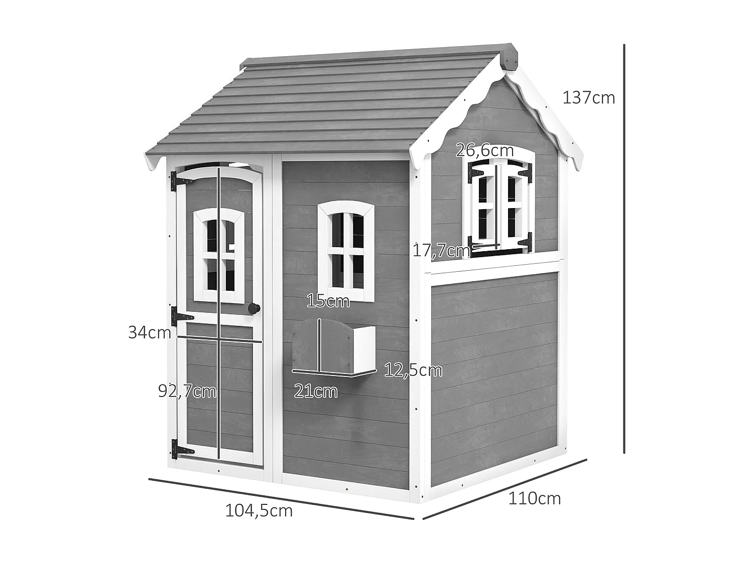 Cabane enfant de jardin - porte, fenêtres, jardinière, plancher - bois gris blanc