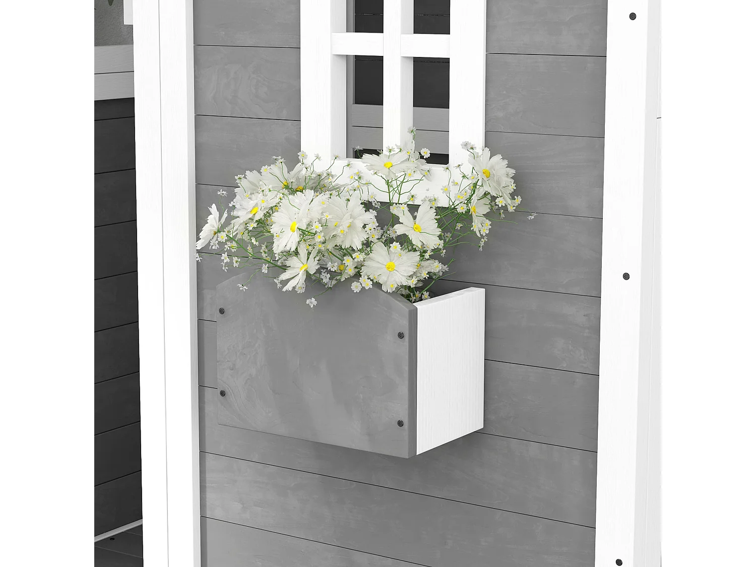 Cabane enfant de jardin - porte, fenêtres, jardinière, plancher - bois gris blanc