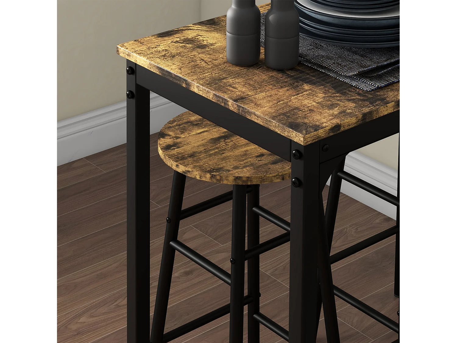 Ensemble 2 places 3 pièces design contemporain - table de bar, 2 tabourets de bar - acier noir aspect bois vieilli