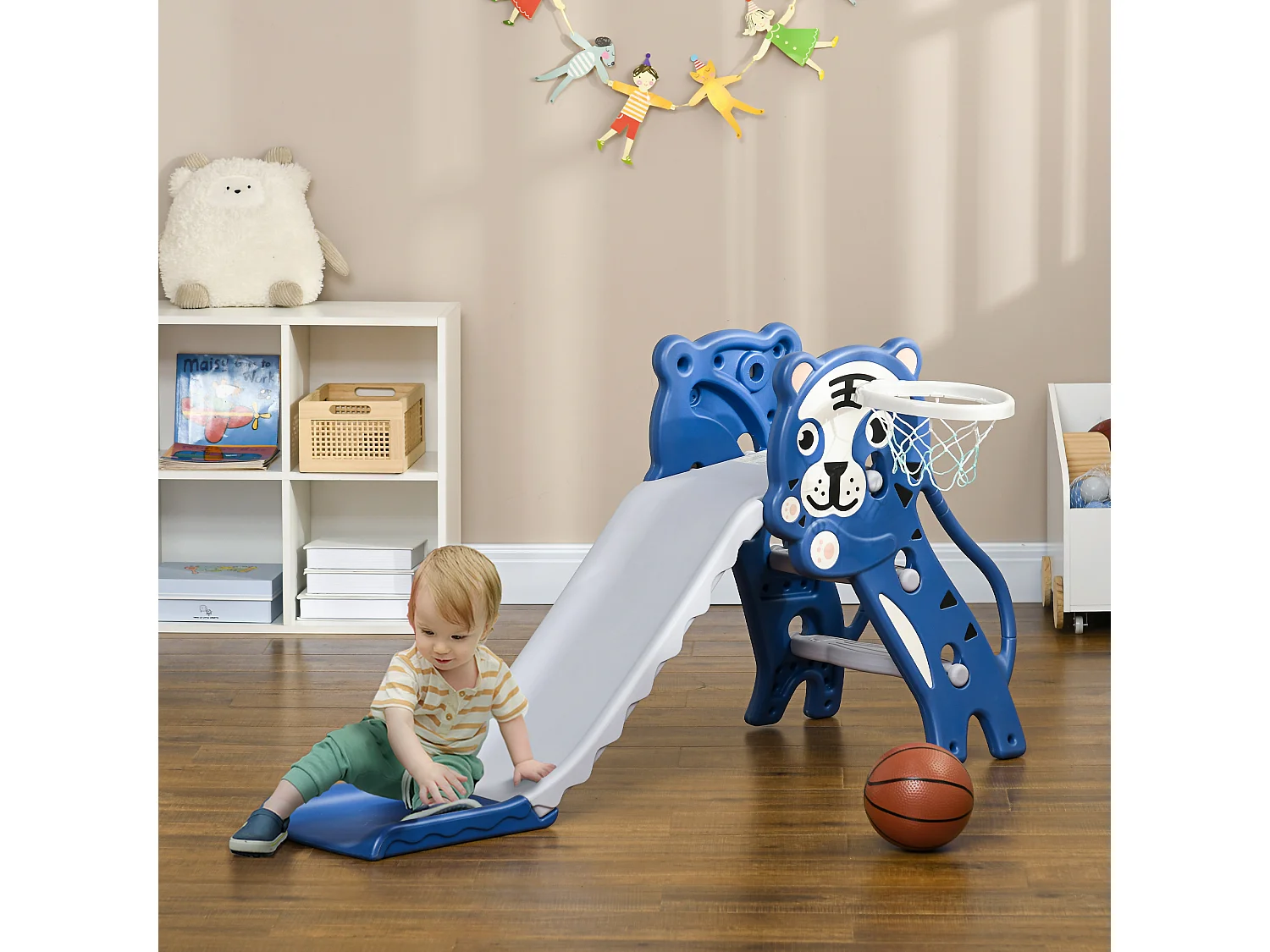 Toboggan enfant panier basket design tigre 18-36 mois usage intérieur - balle, pompe incluses - PE bleu gris