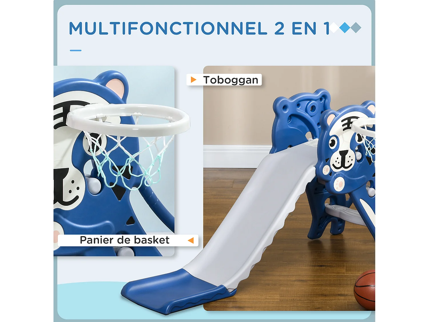 Toboggan enfant panier basket design tigre 18-36 mois usage intérieur - balle, pompe incluses - PE bleu gris