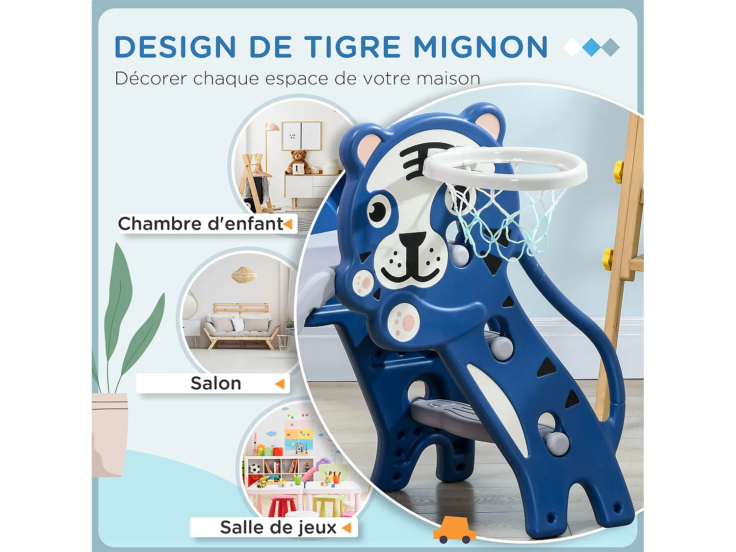 Toboggan enfant panier basket design tigre 18-36 mois usage intérieur - balle, pompe incluses - PE bleu gris