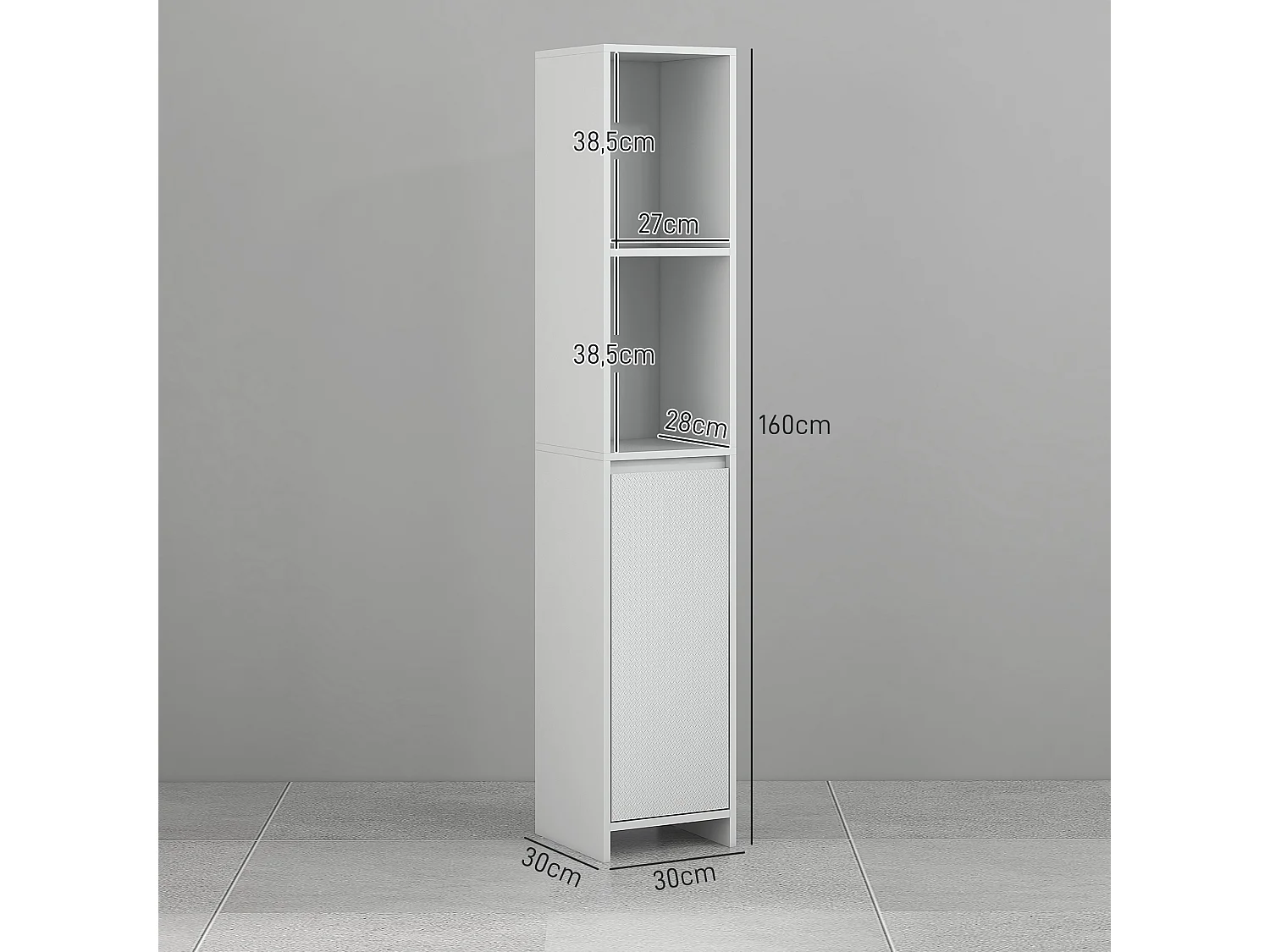 Meuble colonne salle de bain porte 2 étagères dim. 30L x 30l x 160H cm blanc