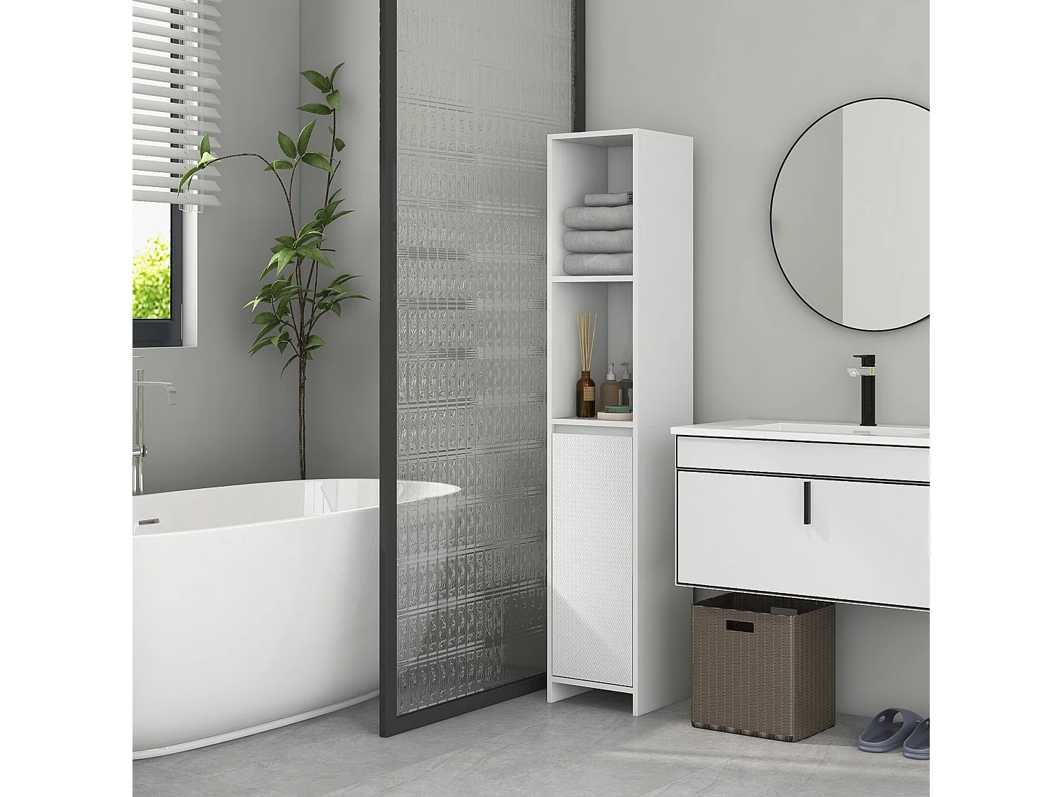 Meuble colonne salle de bain porte 2 étagères dim. 30L x 30l x 160H cm blanc
