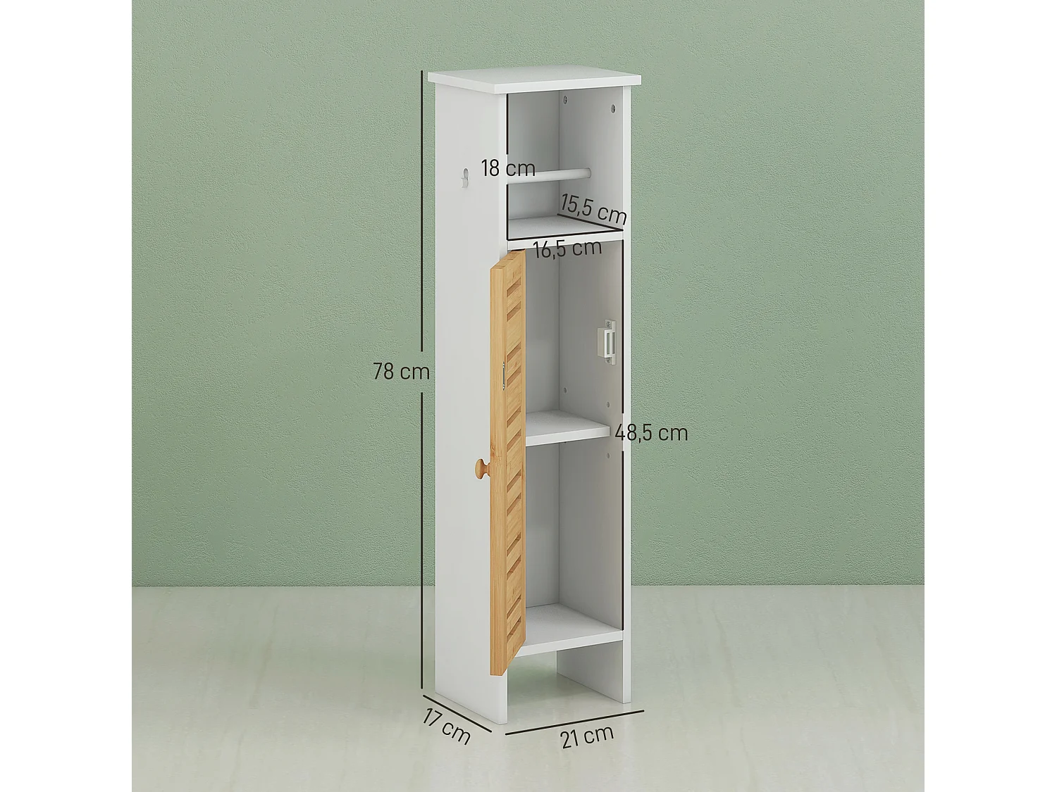 Meuble colonne WC salle de bain style cosy chic porte étagère support papier blanc bambou