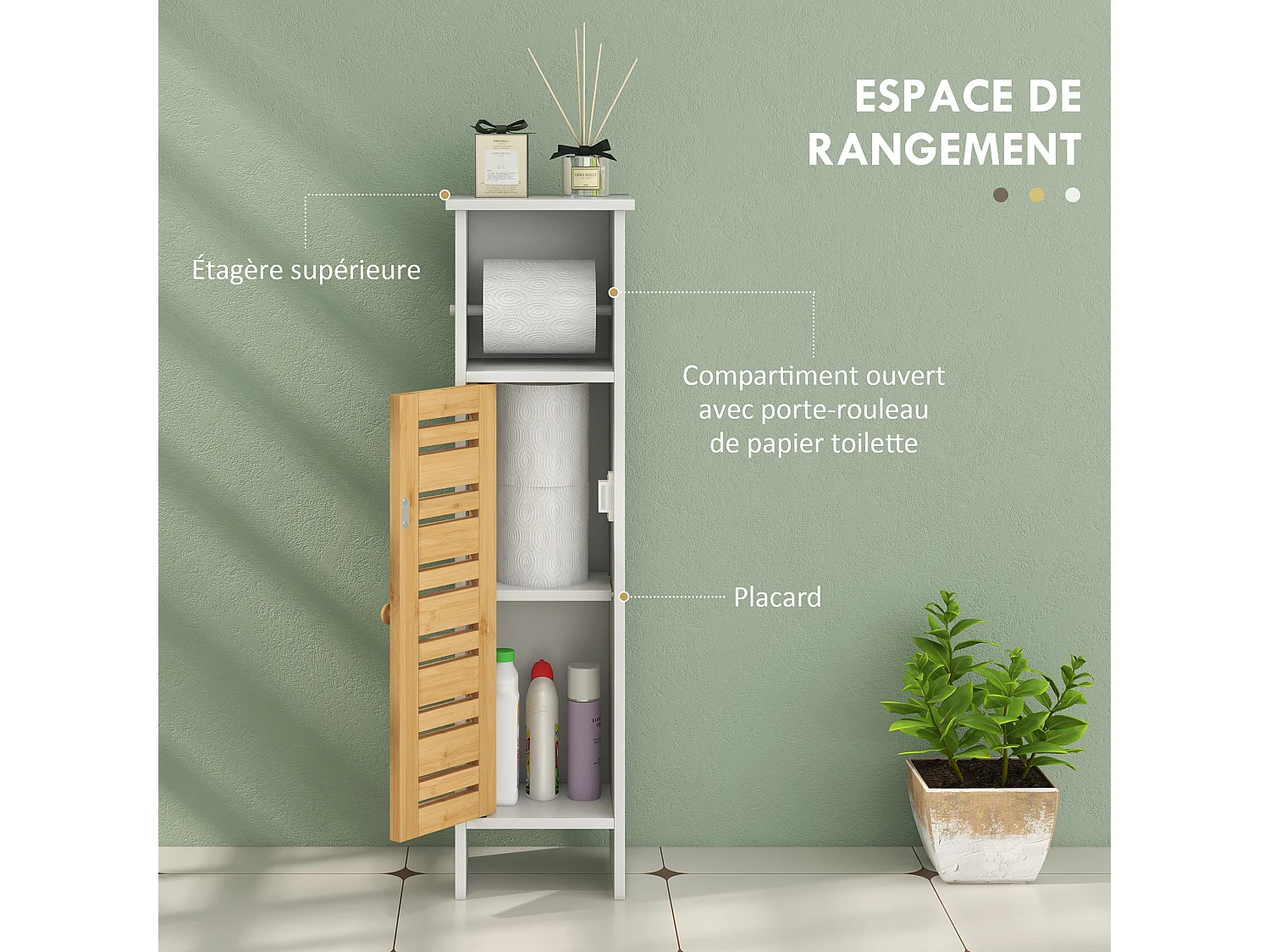 Meuble colonne WC salle de bain style cosy chic porte étagère support papier blanc bambou