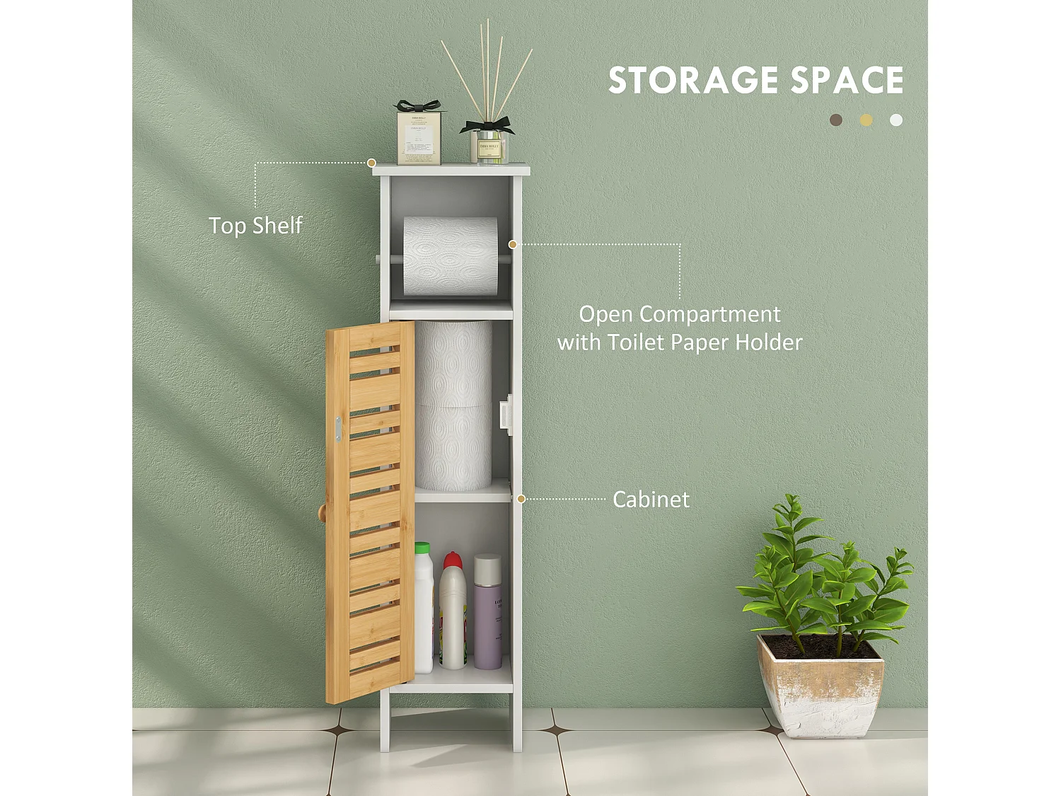 Meuble colonne WC salle de bain style cosy chic porte étagère support papier blanc bambou