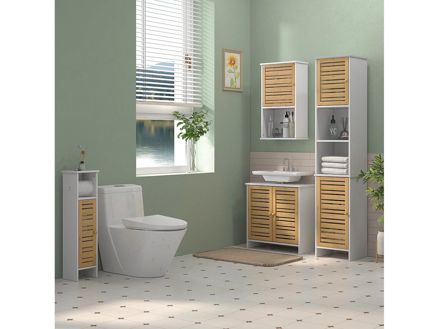 Meuble colonne WC salle de bain style cosy chic porte étagère support papier blanc bambou