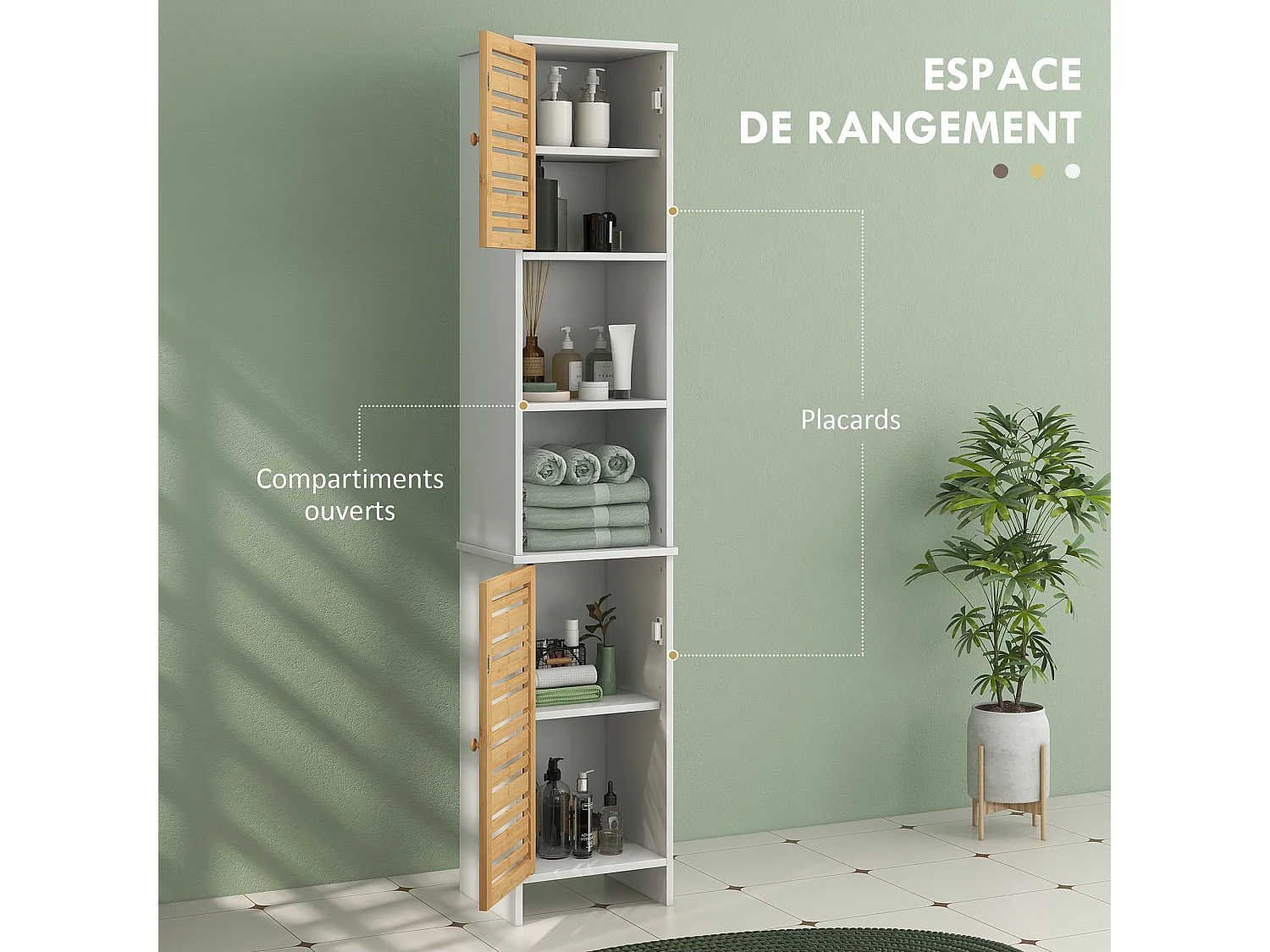 Meuble colonne salle de bain style cosy chic - 2 portes, 2 étagères, 2 niches - dim. 35L x 30l x 170H cm - blanc bambou