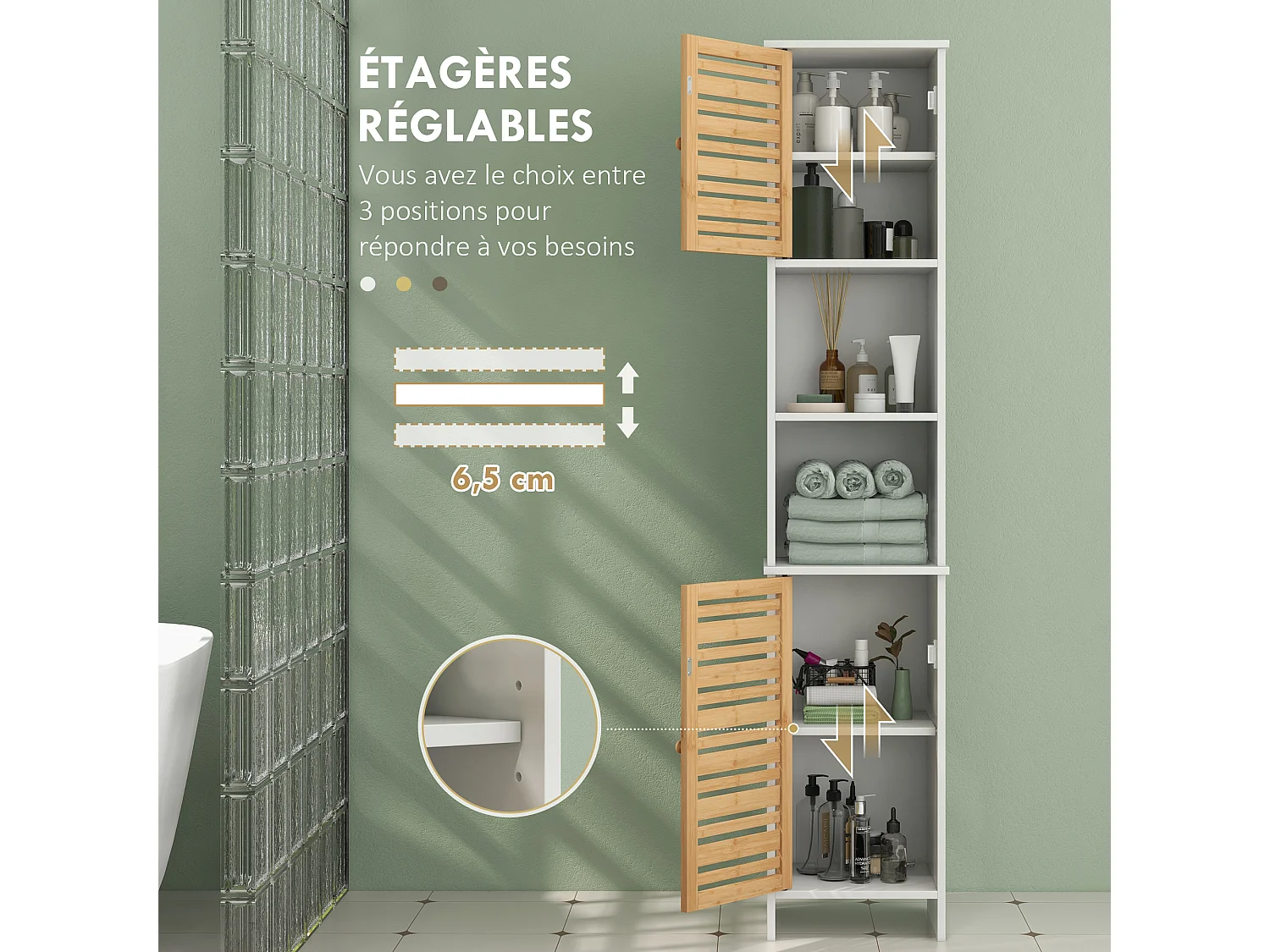 Meuble colonne salle de bain style cosy chic - 2 portes, 2 étagères, 2 niches - dim. 35L x 30l x 170H cm - blanc bambou