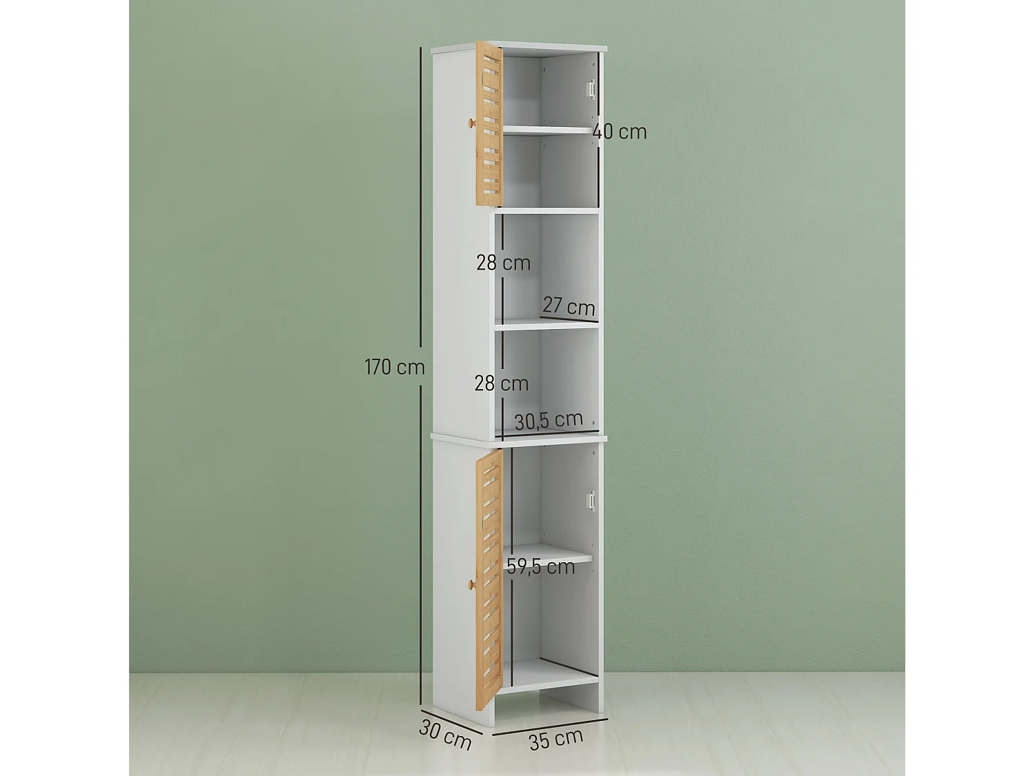 Meuble colonne salle de bain style cosy chic - 2 portes, 2 étagères, 2 niches - dim. 35L x 30l x 170H cm - blanc bambou