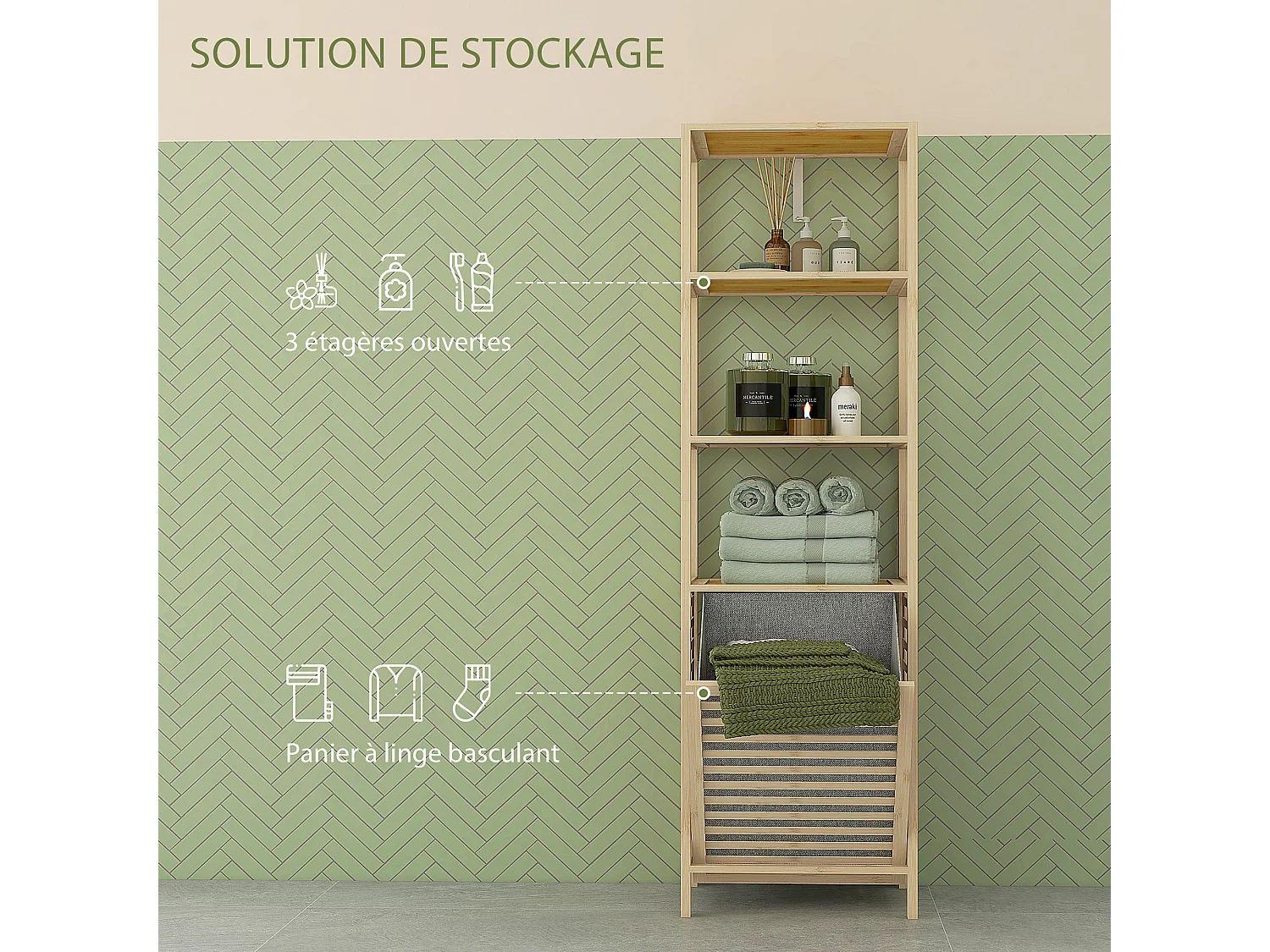 Meuble colonne salle de bain - 3 étagères, panier à linge amovible - tissu gris bambou verni