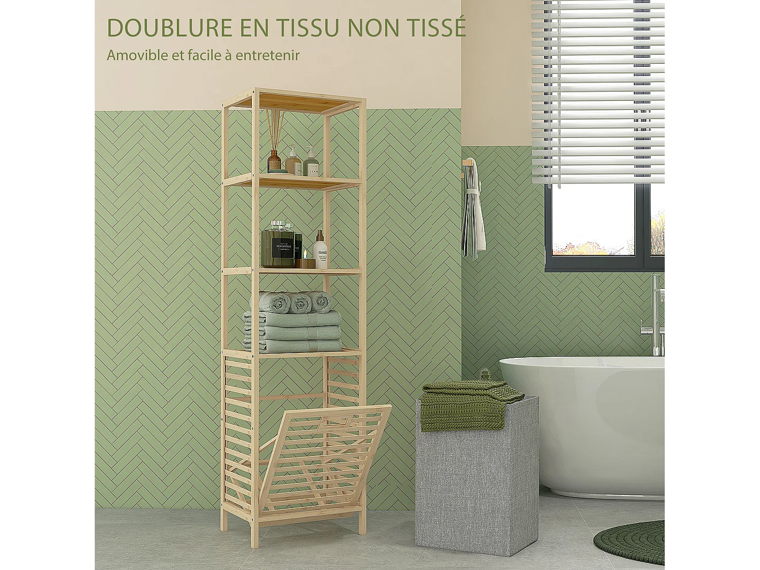 Meuble colonne salle de bain - 3 étagères, panier à linge amovible - tissu gris bambou verni