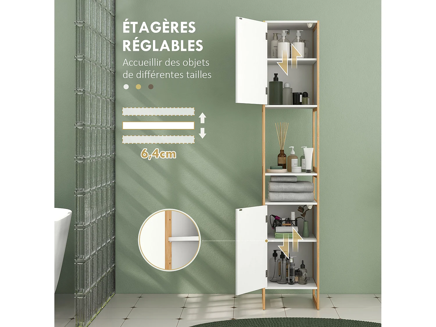 Meuble colonne salle de bain 2 niches 2 portes étagère dim. 33L x 33l x 170H cm bambou blanc