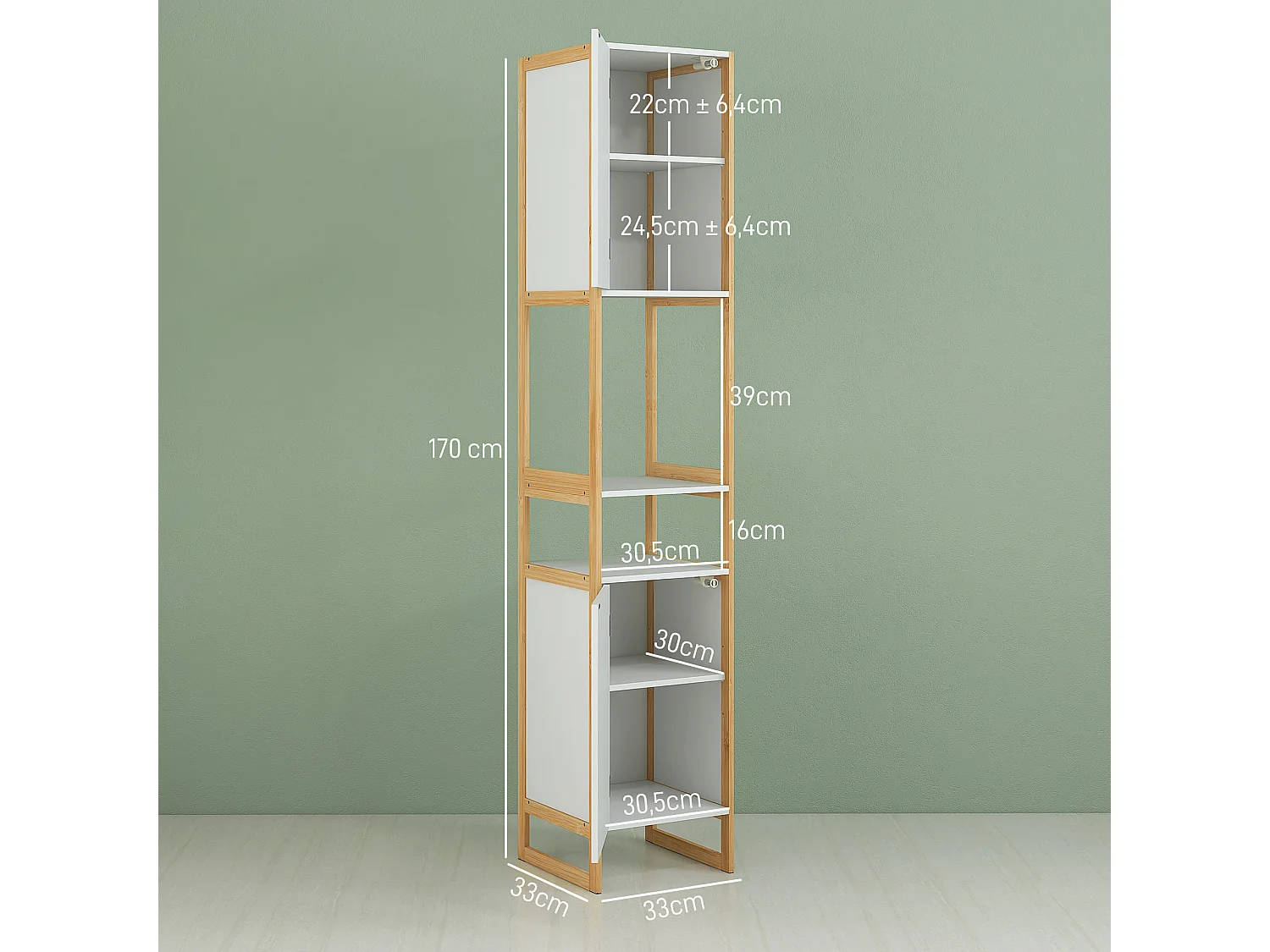 Meuble colonne salle de bain 2 niches 2 portes étagère dim. 33L x 33l x 170H cm bambou blanc