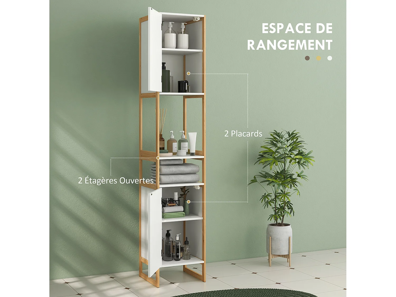 Meuble colonne salle de bain 2 niches 2 portes étagère dim. 33L x 33l x 170H cm bambou blanc