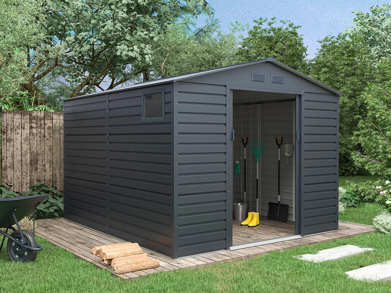 Abri de jardin métal en acier galvanisé - Anthracite - 8,94 m² - ADELMO