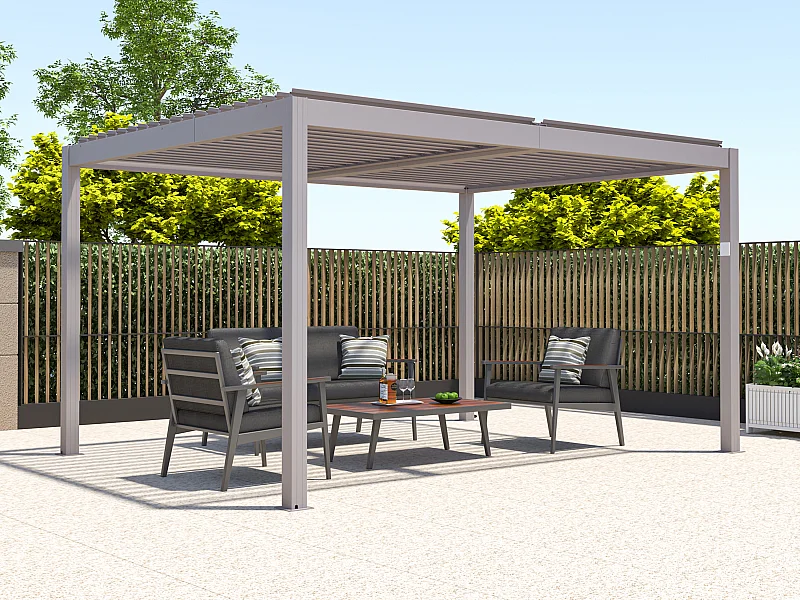 Pergola bioclimatique autoportante électrique taupe en aluminium avec lames orientables 12 m² - AMADORA