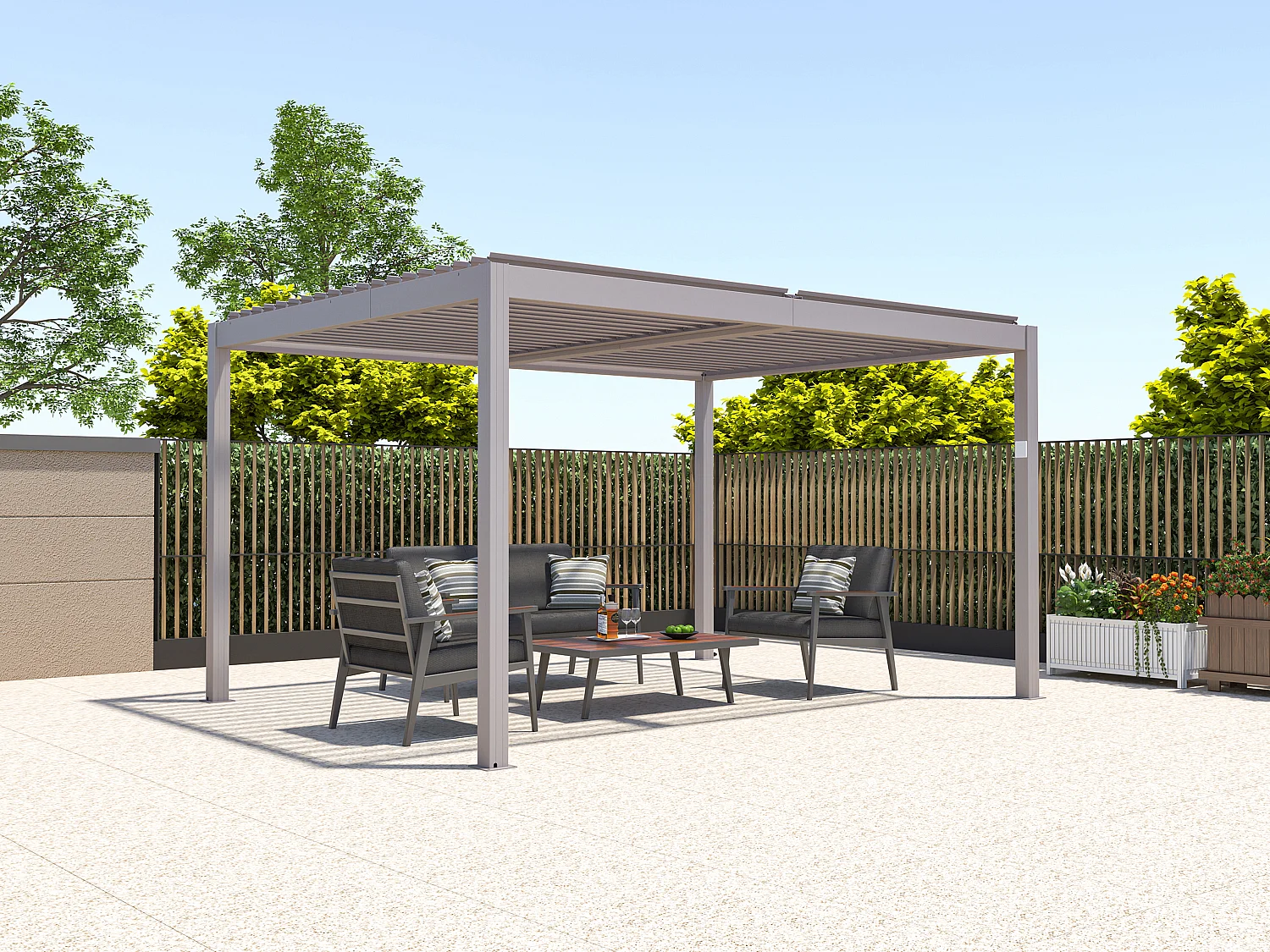 Pergola bioclimatique autoportante électrique taupe en aluminium avec lames orientables 12 m² - AMADORA
