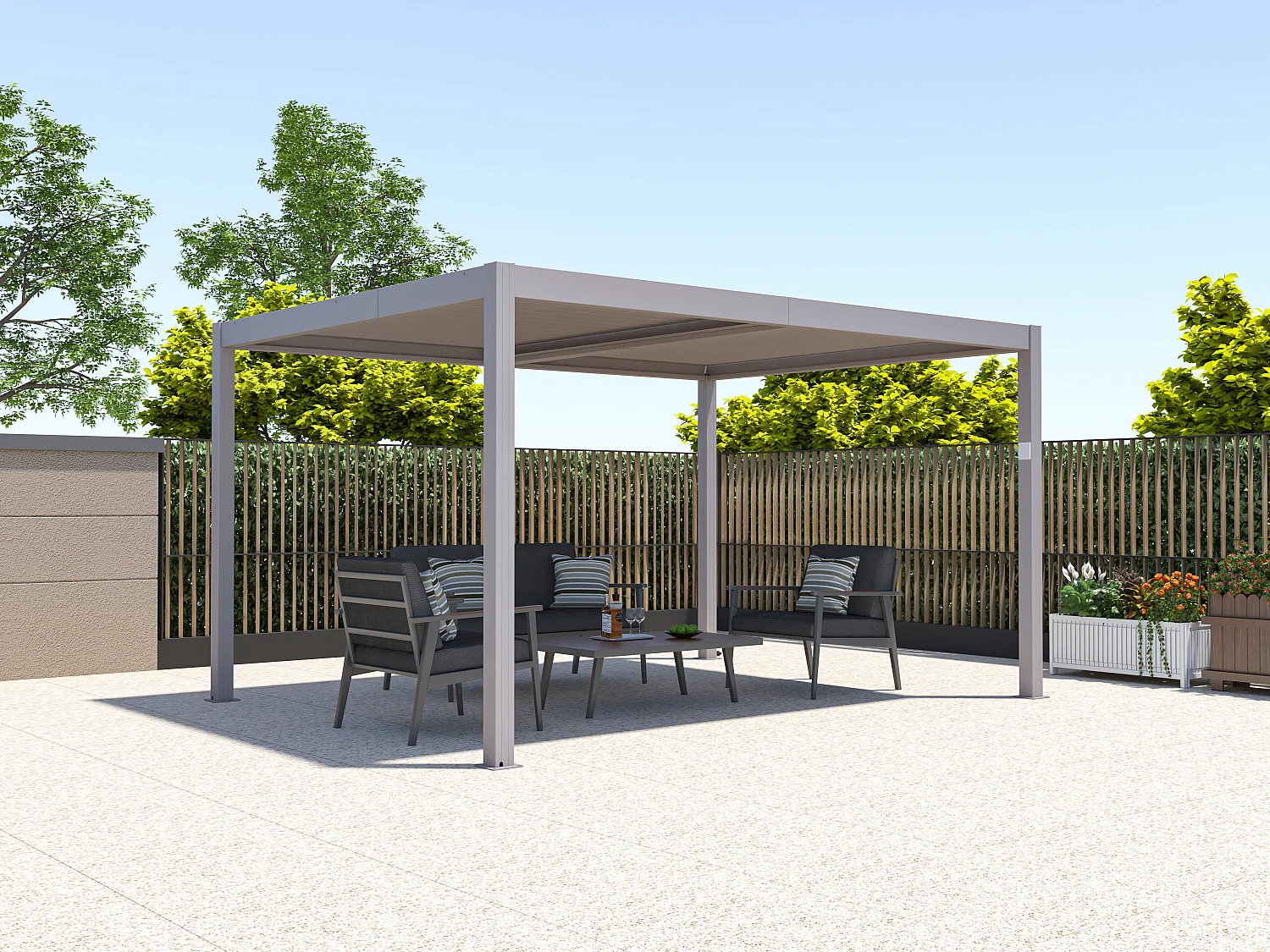 Pergola bioclimatique autoportante électrique taupe en aluminium avec lames orientables 12 m² - AMADORA