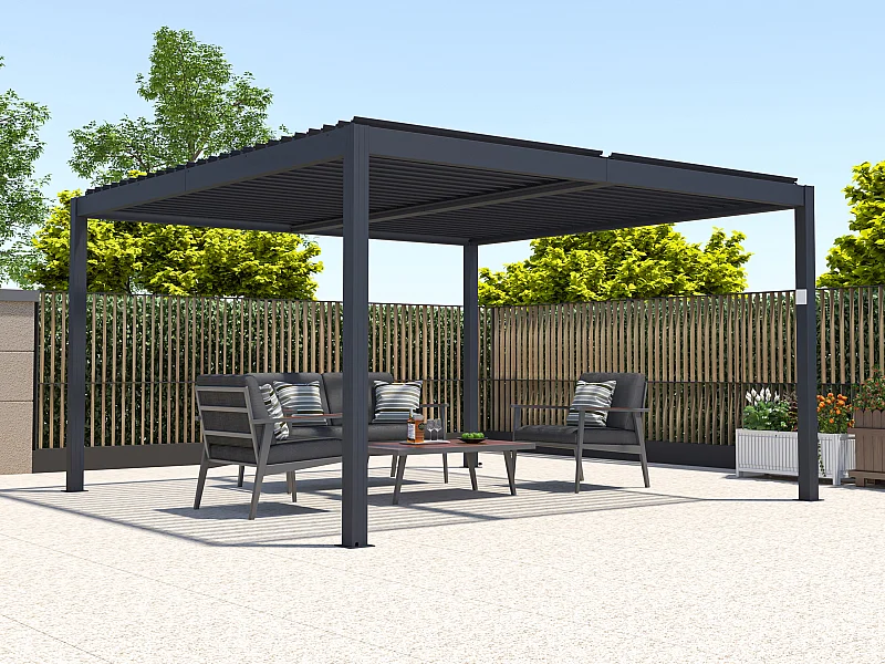Pergola bioclimatique autoportante électrique anthracite en aluminium avec lames orientables 15,6 m² - AMADORA