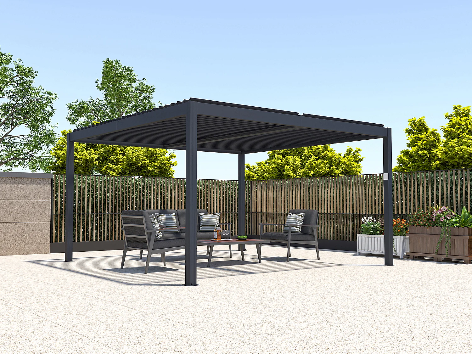 Pergola bioclimatique autoportante électrique anthracite en aluminium avec lames orientables 15,6 m² - AMADORA