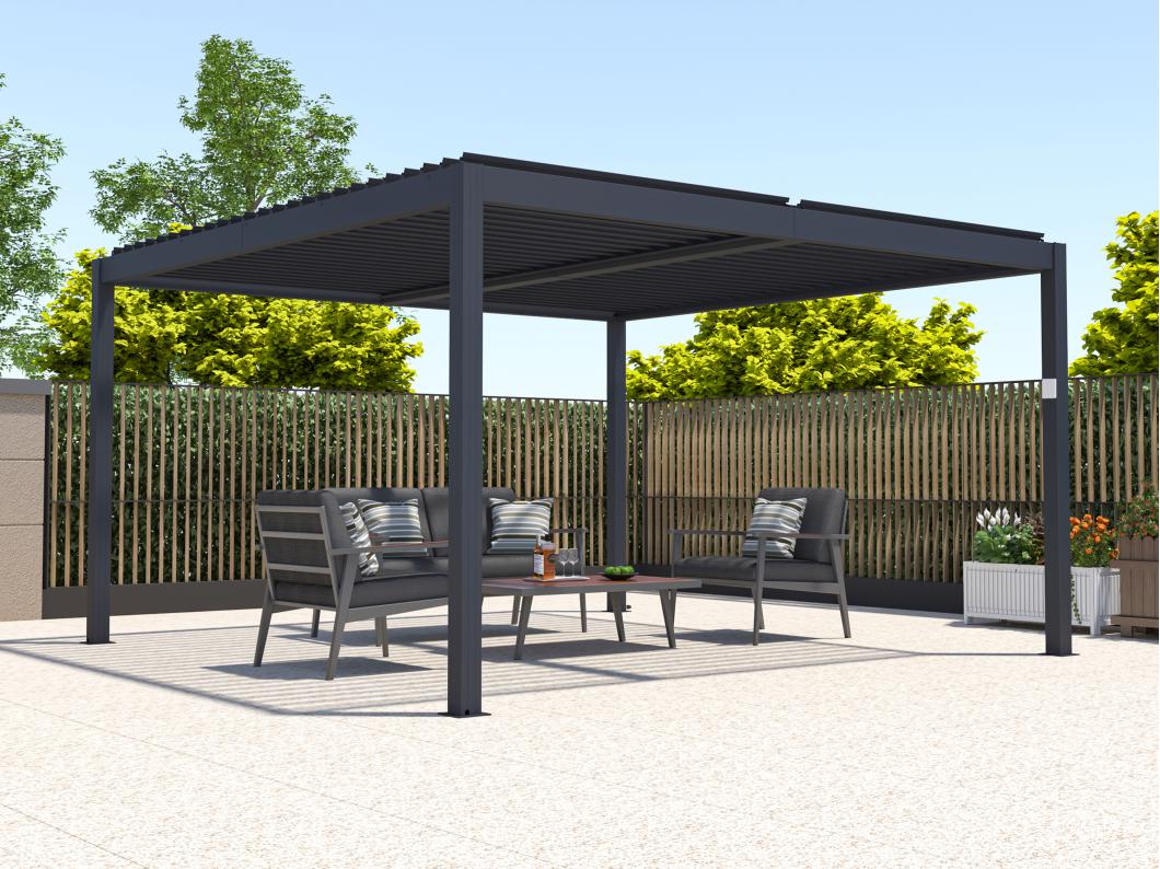 Bio-klimatologische zelfdragende elektrische pergola, antracietgrijs, van aluminium met draaibare lamellen 15,6 m² - AMADORA