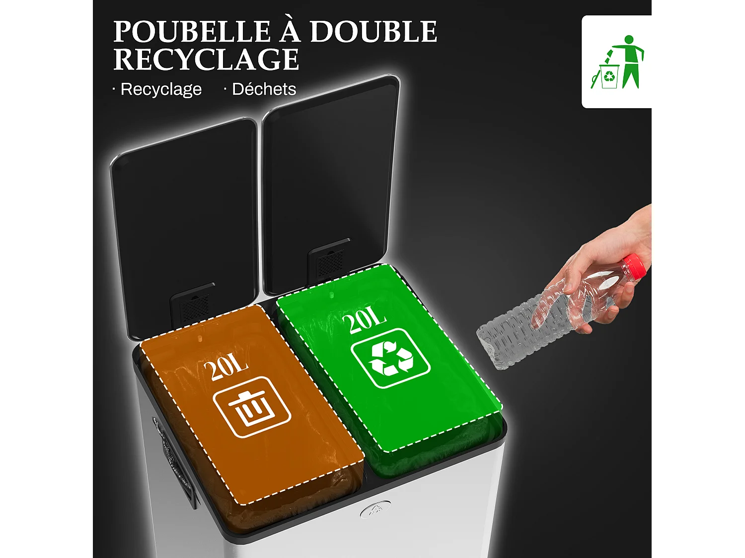 Poubelle manuelle tri selectif 2 bacs capacité totale 20L acier inox. brossé