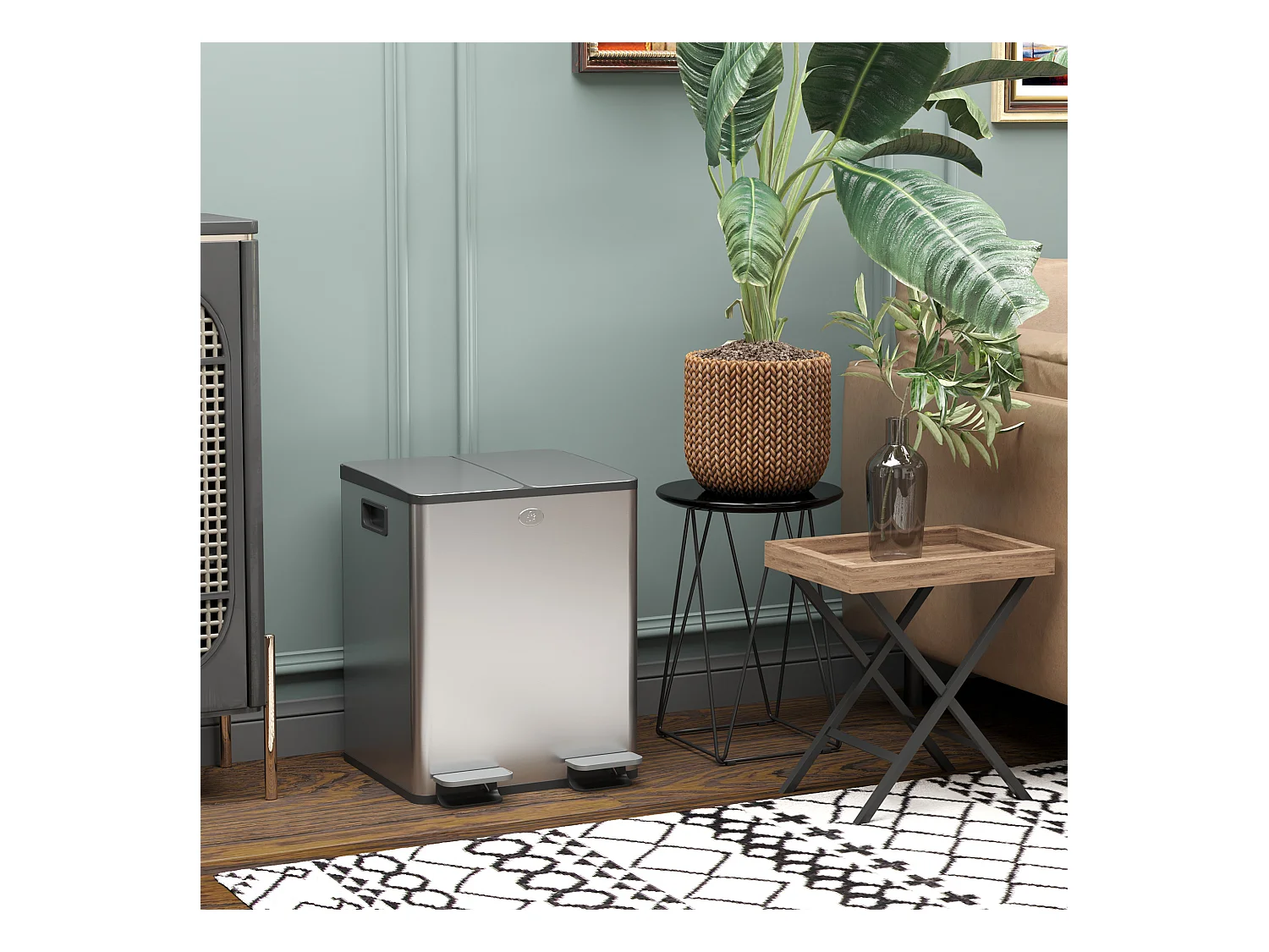 Poubelle manuelle tri selectif 2 bacs capacité totale 20L acier inox. brossé